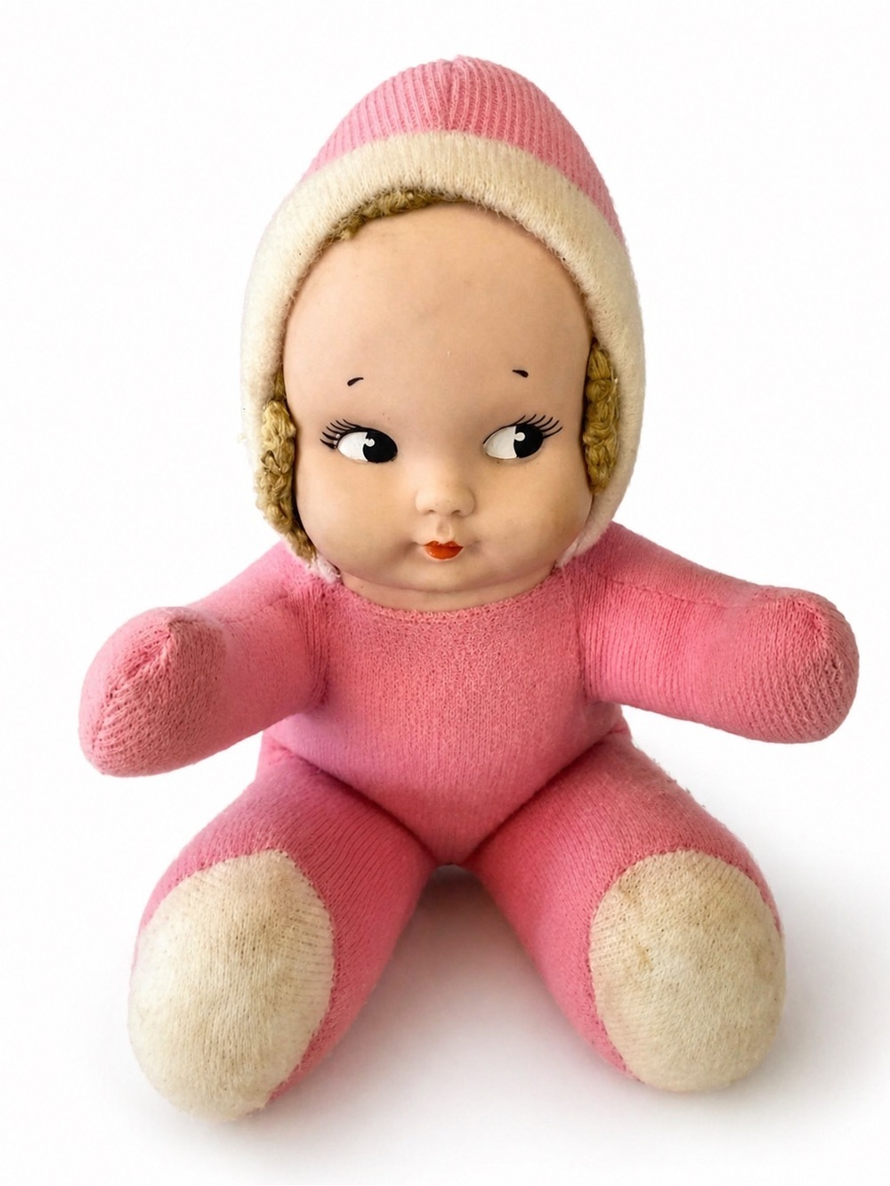 50s knickerbocker kewpie pink stuffie. Plastic face, blonde vintage.
